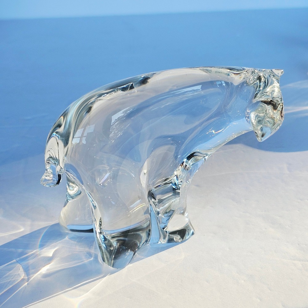 Vintage Clear Crystal Art Glass Polar Bear Figurine Minimalist Sculpture 5.25"